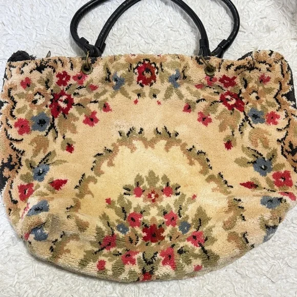 Vintage 50’s 60’s floral carpet tote shoulder back leather handles - Picture 8 of 12